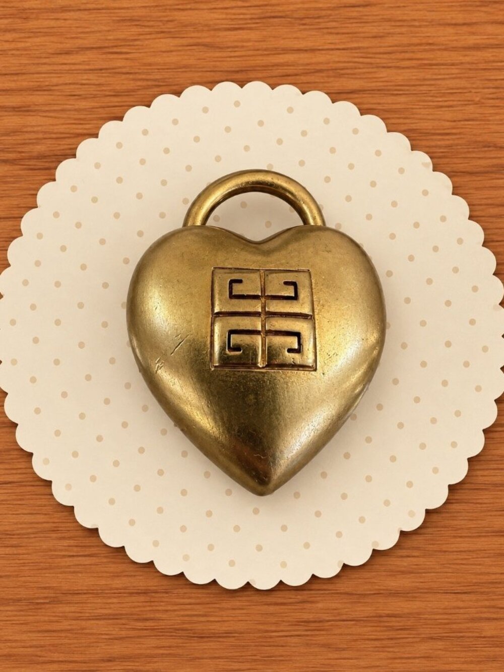 Givenchy Paris New York Vintage 80s Gold 4G Logo Puffed Heart Padlock Brooch Pin